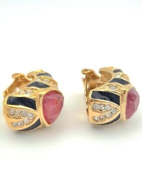 Vintage Christian Dior Enamel Rhinestone Clip Earrings Pink Cabochon Gold Black